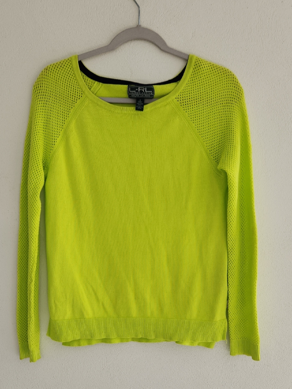 Ralph Lauren Neon Lime Mesh-Sleeve Crewneck Sweater